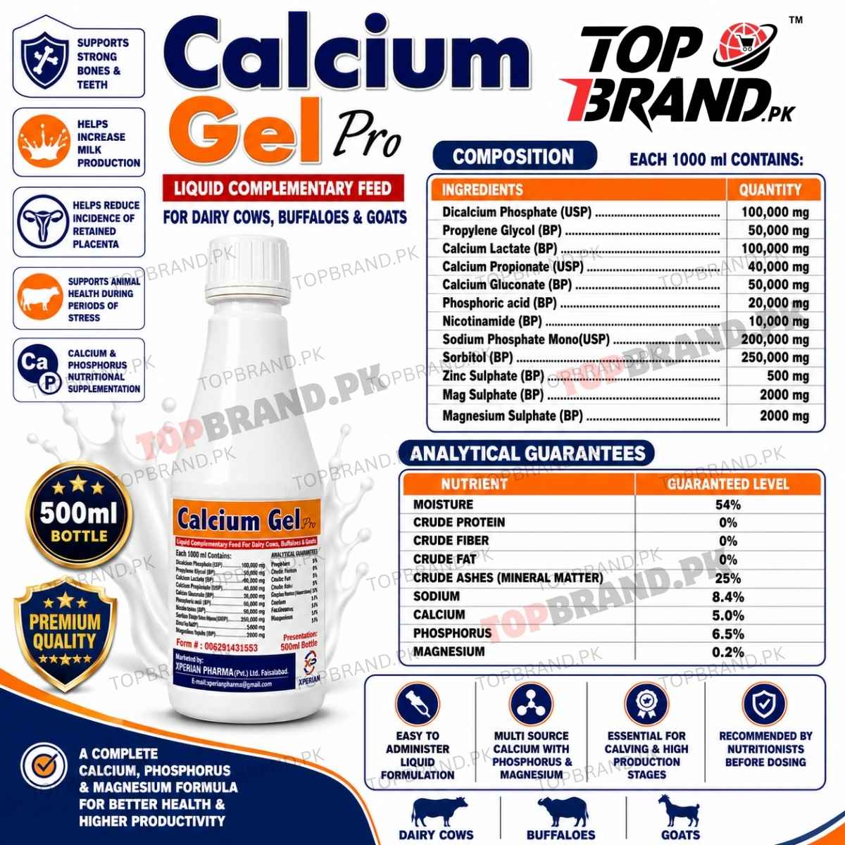 Xperian Pharma Calcium Gel Pro veterinary calcium Supliment Pakistan Propylene Glycol Phosphoric Acid for cows buffaloes goats Liquid calcium feed for dairy animals goat sheep calcium tonic Dicalcium Phosphate Dairy livestock mineral feed supplement calcium supplement for cows Calcium supplement for buffaloes Calcium Propionate Calcium phosphorus supplement for cows Calcium phosphorus magnesium animal feed
Calcium Lactate Calcium Gluconate Calcium Gel Pro calcium bypass fat 84