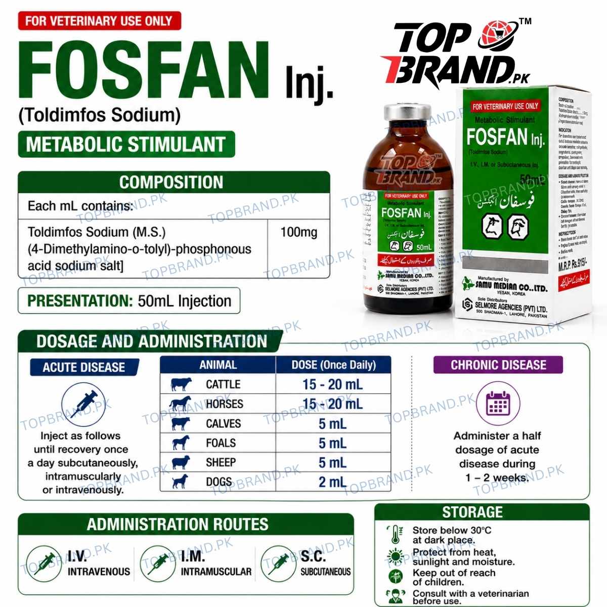 treatment of acute and chronic metabolic disorders. metabolic conditions associated weakness, reduced appetite, poor development, emaciation, reduced milk production, calcium metabolic disorders and fatigue following work. Treatmet intravenous, intramuscular or subcutaneous Treatment Toldimfos Sodium 4-Dimethylamino-o-tolyl phosphonous acid sodium salt Fosfan injection for acute and chronic metabolic disorders Selmore Proucts Samu Median Co Products Veterniary products