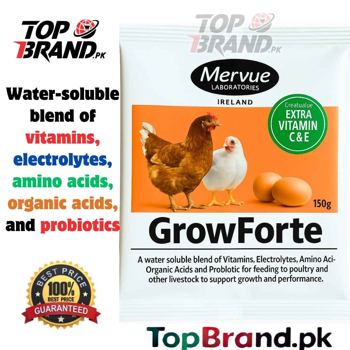 Grow Forte 150g – Water-Soluble Vitamin, Electrolyte & Probiotic Supplement for Poultry & Livestock