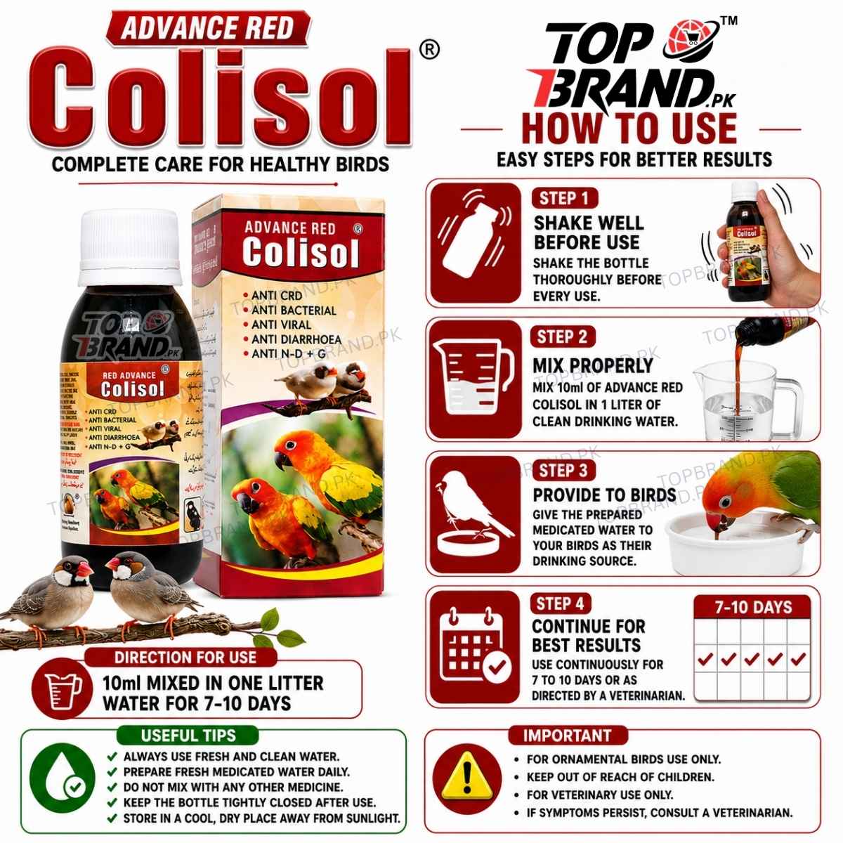 Advance Red Colisol (60ml) (Anti CRD, Antibacterial & Antiviral Liquid for Birds) Diarrhoea, Loose Motion, Respiratory Care & Digestive Helth Support for Birds