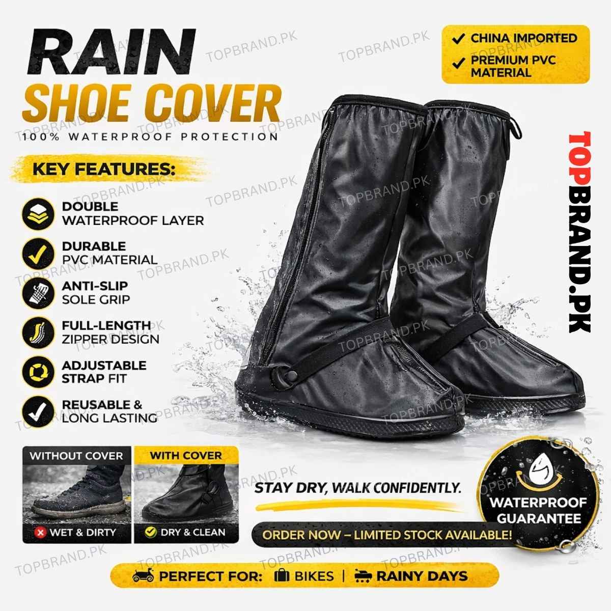rain shoe cover
waterproof shoe cover
pvc shoe cover
bike rain shoe cover
reusable shoe protector
anti slip shoe cover
black rain cover shoes
water proof rain boot cover
Black waterproof rain shoe cover made of PVC with adjustable strap and full-length zipper
Anti-slip reusable rain shoe cover for men and women in black color PVC material
Waterproof shoe protector cover for rainy days with durable PVC and secure fit design
Black rain boot cover for shoes with zipper closure and non-slip sole for outd