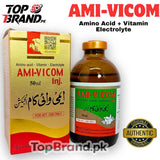Amivicom, L-Arginine HCl (USP): 1.40 mg

L-Cysteine HCl (USP): 3.20 mg

L-Glutamine (USP): 3.20 mg

Glycine (USP): 3.20 mg

L-Histidine (USP): 1.32 mg

L-Isoleucine (USP): 3.60 mg

L-Lysine HCl (USP): 5.40 mg

L-Methionine (USP): 2.00 mg

L-Threonine (USP): 3.20 mg

L-Tryptophan (USP): 0.80 mg

L-Phenylalanine (USP): 0.86 mg

L-Valine (USP): 3.60 mg

Thiamine HCl (USP): 4.00 mg

Riboflavin sodium phosphate (BP): 0.30 mg

Pyridoxine HCl (USP): 0.17 mg

Ascorbic acid (USP): 0.34 mg

Glucose (BP): 4.00 mg

Cal