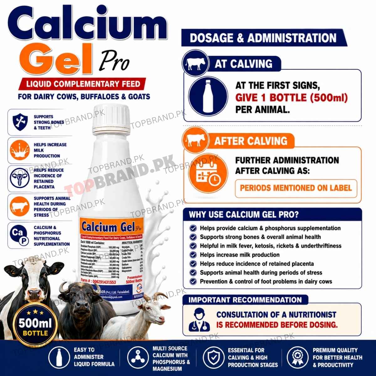 Xperian Pharma Calcium Gel Pro veterinary calcium Supliment  Pakistan  Propylene Glycol  Phosphoric Acid for cows buffaloes goats Liquid calcium feed for dairy animals goat sheep calcium tonic Dicalcium Phosphate Dairy livestock mineral feed supplement calcium supplement for cows Calcium supplement for buffaloes Calcium Propionate Calcium phosphorus supplement for cows Calcium phosphorus magnesium animal feed 
Calcium Lactate Calcium Gluconate  Calcium Gel Pro calcium bypass fat 84