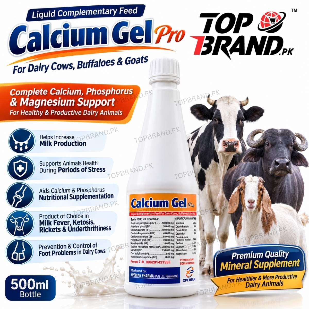 Xperian Pharma Calcium Gel Pro veterinary calcium Supliment  Pakistan  Propylene Glycol  Phosphoric Acid for cows buffaloes goats Liquid calcium feed for dairy animals goat sheep calcium tonic Dicalcium Phosphate Dairy livestock mineral feed supplement calcium supplement for cows Calcium supplement for buffaloes Calcium Propionate Calcium phosphorus supplement for cows Calcium phosphorus magnesium animal feed 
Calcium Lactate Calcium Gluconate  Calcium Gel Pro calcium bypass fat 84
