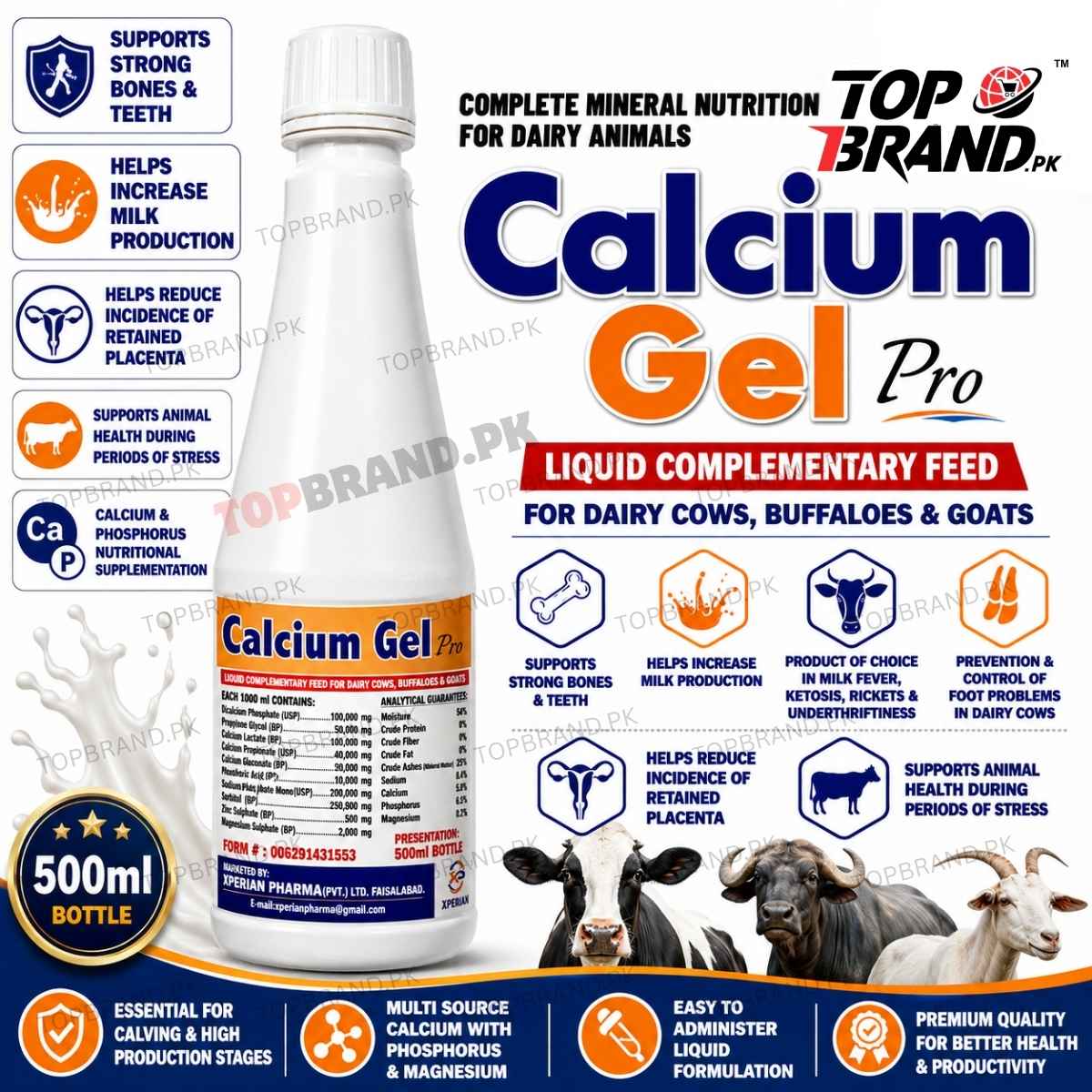 Xperian Pharma Calcium Gel Pro veterinary calcium Supliment  Pakistan  Propylene Glycol  Phosphoric Acid for cows buffaloes goats Liquid calcium feed for dairy animals goat sheep calcium tonic Dicalcium Phosphate Dairy livestock mineral feed supplement calcium supplement for cows Calcium supplement for buffaloes Calcium Propionate Calcium phosphorus supplement for cows Calcium phosphorus magnesium animal feed 
Calcium Lactate Calcium Gluconate  Calcium Gel Pro calcium bypass fat 84