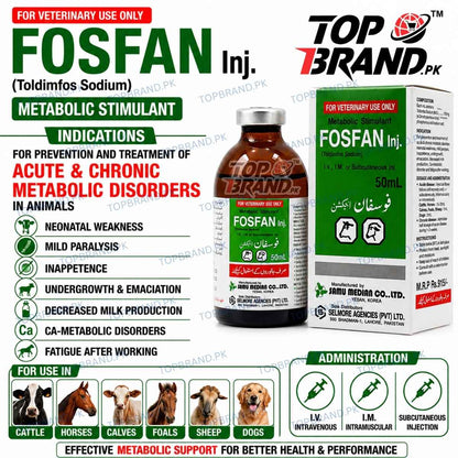 treatment of acute and chronic metabolic disorders. metabolic conditions associated weakness, reduced appetite, poor development, emaciation, reduced milk production, calcium metabolic disorders and fatigue following work. Treatmet intravenous, intramuscular or subcutaneous Treatment Toldimfos Sodium 4-Dimethylamino-o-tolyl phosphonous acid sodium salt Fosfan injection for acute and chronic metabolic disorders Selmore Proucts Samu Median Co Products Veterniary products