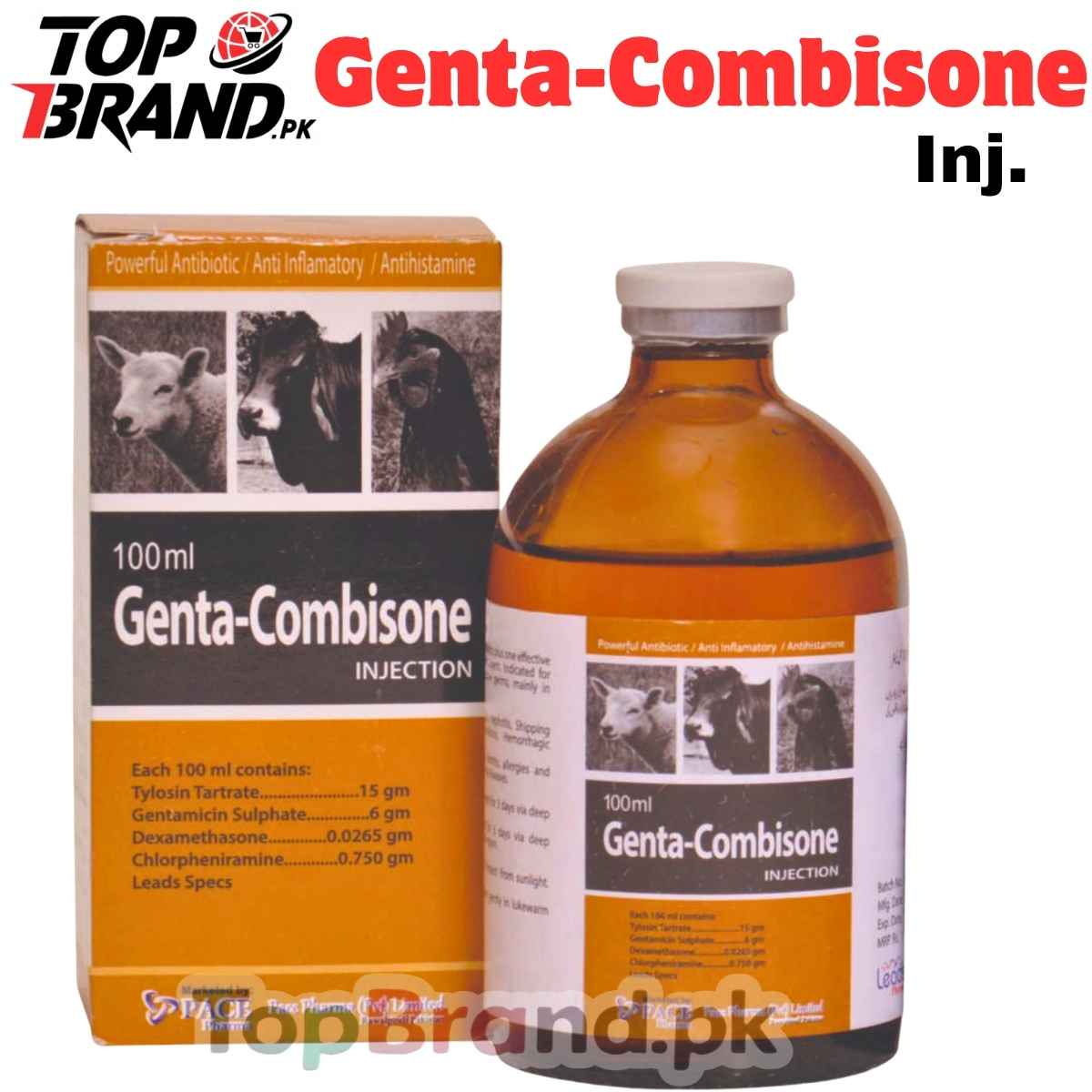 Gentacombisone Genta combisone
Tylosin Tartrate: 15g

Gentamicin Sulphate: 6g

Dexamethasone: 0.0265g

Chlorpheniramine: 0.750g