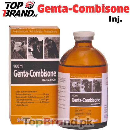 Gentacombisone Genta combisone
Tylosin Tartrate: 15g

Gentamicin Sulphate: 6g

Dexamethasone: 0.0265g

Chlorpheniramine: 0.750g