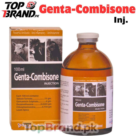 Gentacombisone Genta combisone
Tylosin Tartrate: 15g

Gentamicin Sulphate: 6g

Dexamethasone: 0.0265g

Chlorpheniramine: 0.750g
