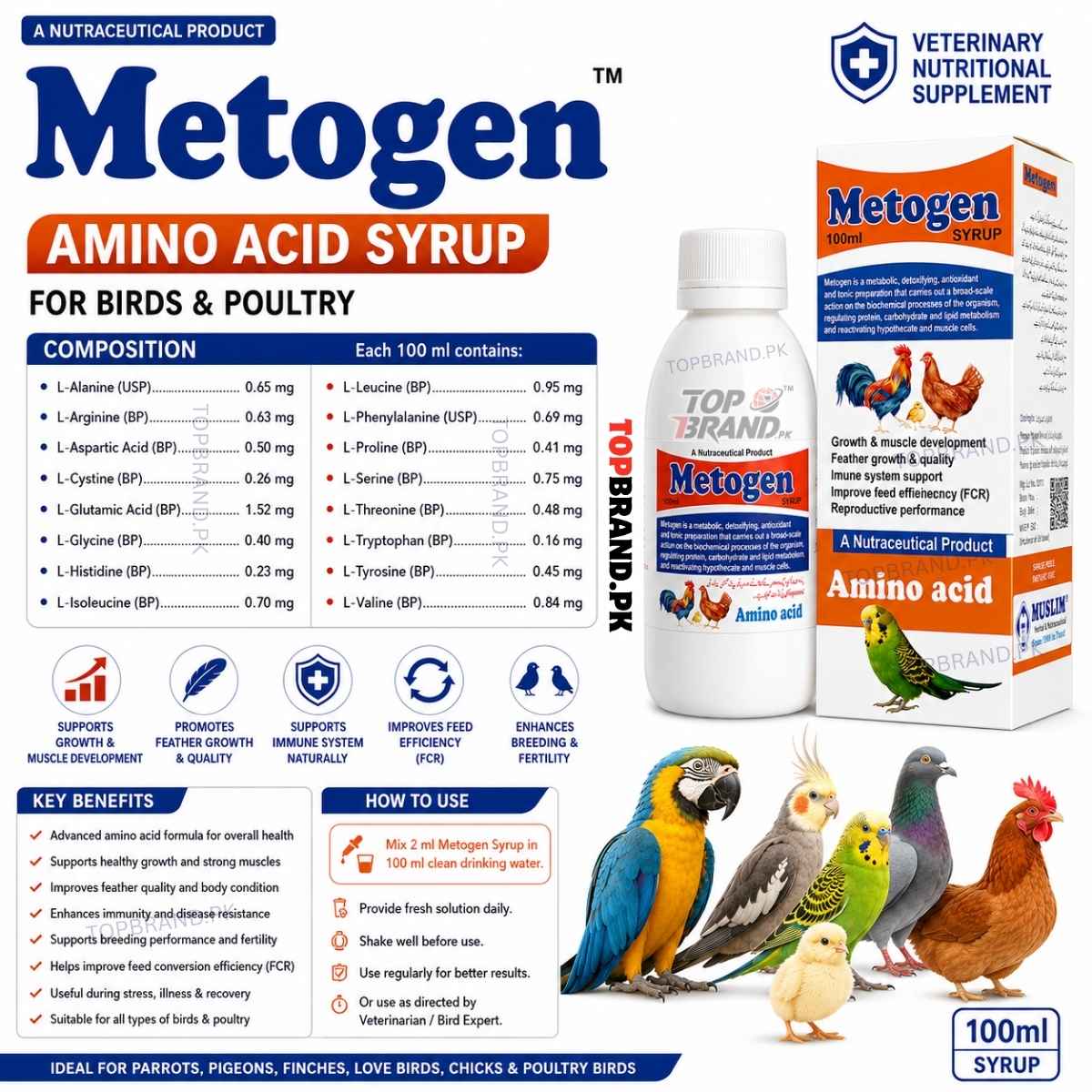 Metogen Amino Acid 100ml Syrup for Birds and Poultry