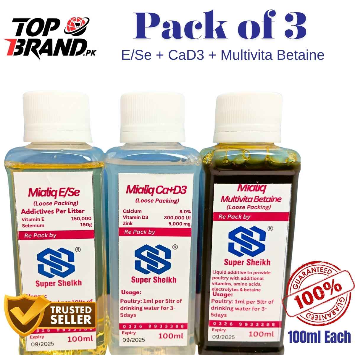 Mialiq CaD3 - Mialiq E/Se - Mialiq Multivita Betaine 100ml | Poultry & Fancy Bird Health & Breeding Set | Pack of 3