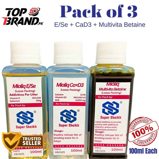 Mialiq CaD3 - Mialiq E/Se - Mialiq Multivita Betaine 100ml | Poultry & Fancy Bird Health & Breeding Set | Pack of 3
