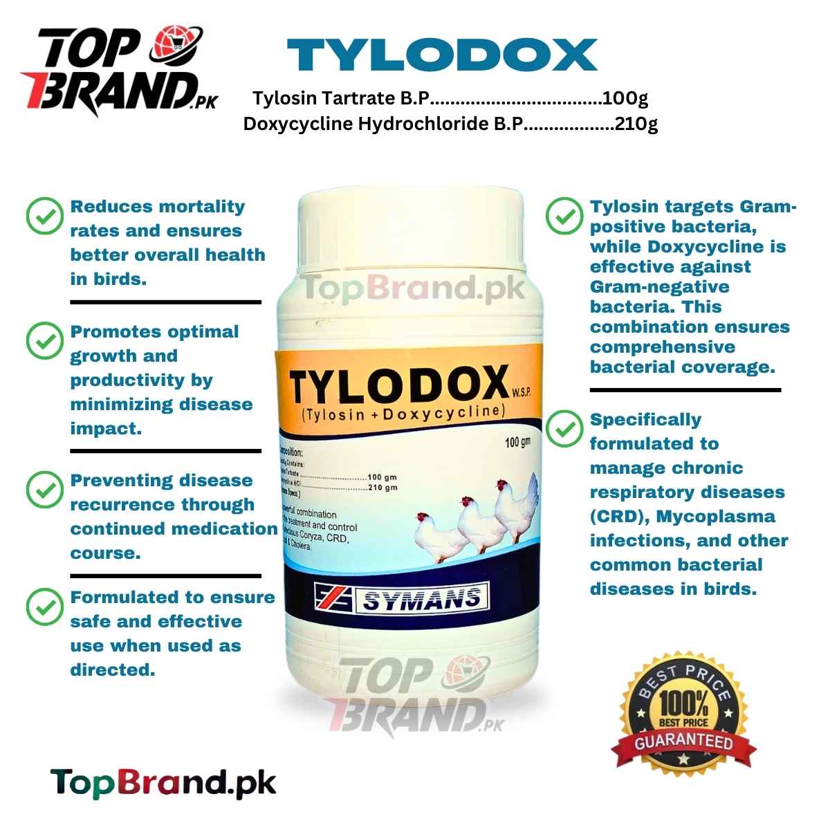 Tylosin Tartrate  Doxycycline HCl 
CRD  Coryza & Mycoplasma Control in Poultry  Coryza and Mycoplasma Control in Poultry

