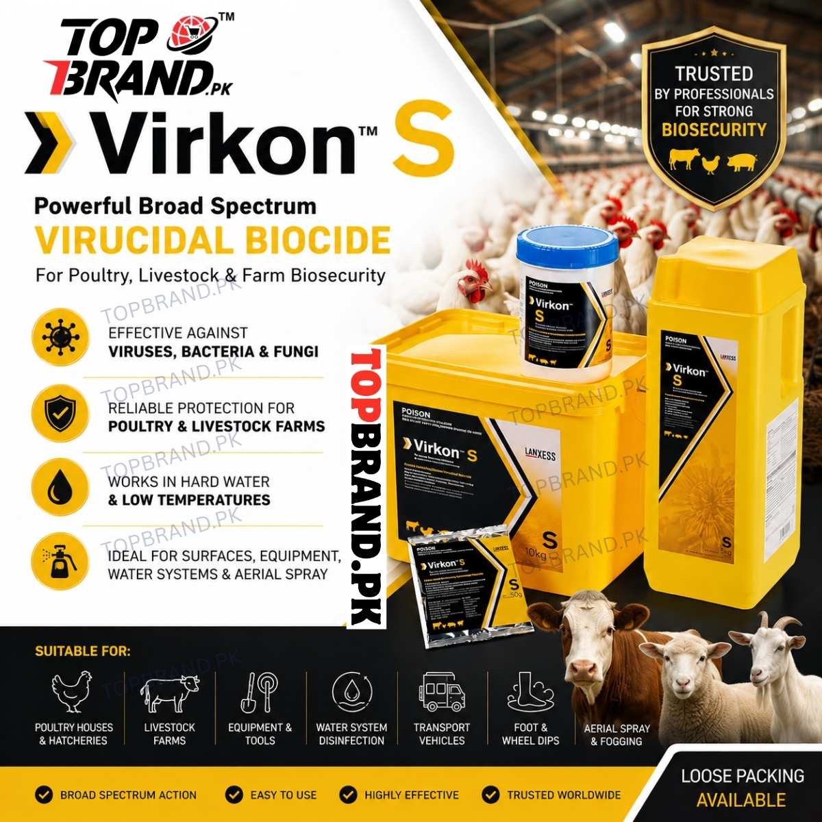 Virkon S, Poultry Disinfectant, Livestock Disinfectant, Farm Biosecurity, Virucidal Biocide, Poultry Farm Cleaner, Hatchery Disinfectant, Surface Sanitizer, Water System Disinfectant, Farm Hygiene Powder, Livestock Hygiene, Broad Spectrum Disinfectant, Loose Packing, Poultry Shed Cleaner, Dairy Farm Sanitizer