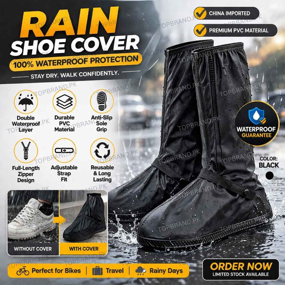 Rain Suit, Rain Coat, Water proof Rain Suit, Premium Quality Rainsuit, Large Size Rain Suit, Top Quality Rain Suit, Premium Quality Rain suit, impor
water proof rain boot cover
Black waterproof rain shoe cover made of PVC with adjustable strap and full-length zipper
Anti-slip reusable rain shoe cover for men and women in black color PVC material
Waterproof shoe protector cover for rainy days with durable PVC and secure fit design
Black rain boot cover for shoes with zipper closure and non-slip sole for outd