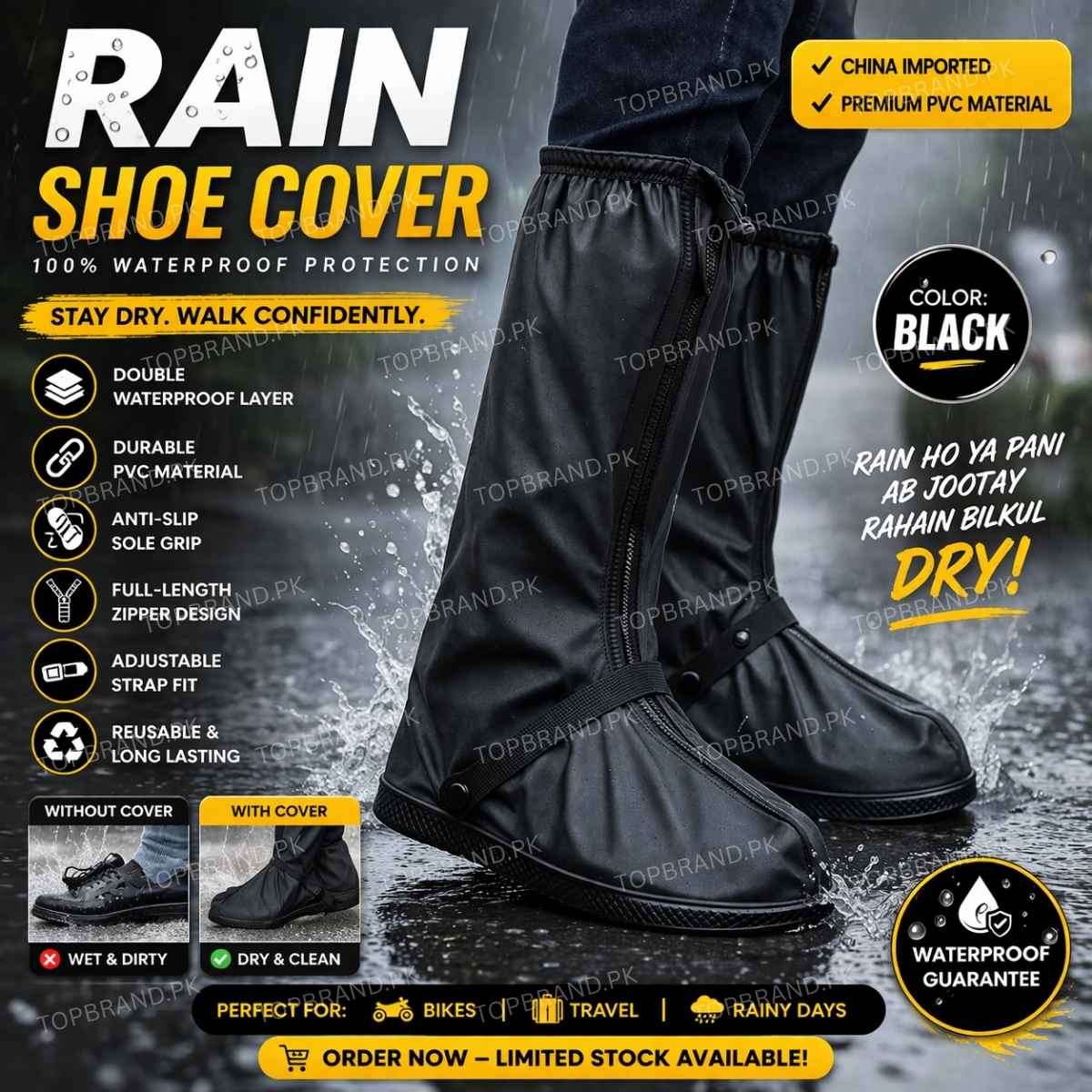 Rain Suit, Rain Coat, Water proof Rain Suit, Premium Quality Rainsuit, Large Size Rain Suit, Top Quality Rain Suit, Premium Quality Rain suit, impor
water proof rain boot cover
Black waterproof rain shoe cover made of PVC with adjustable strap and full-length zipper
Anti-slip reusable rain shoe cover for men and women in black color PVC material
Waterproof shoe protector cover for rainy days with durable PVC and secure fit design
Black rain boot cover for shoes with zipper closure and non-slip sole for outd
